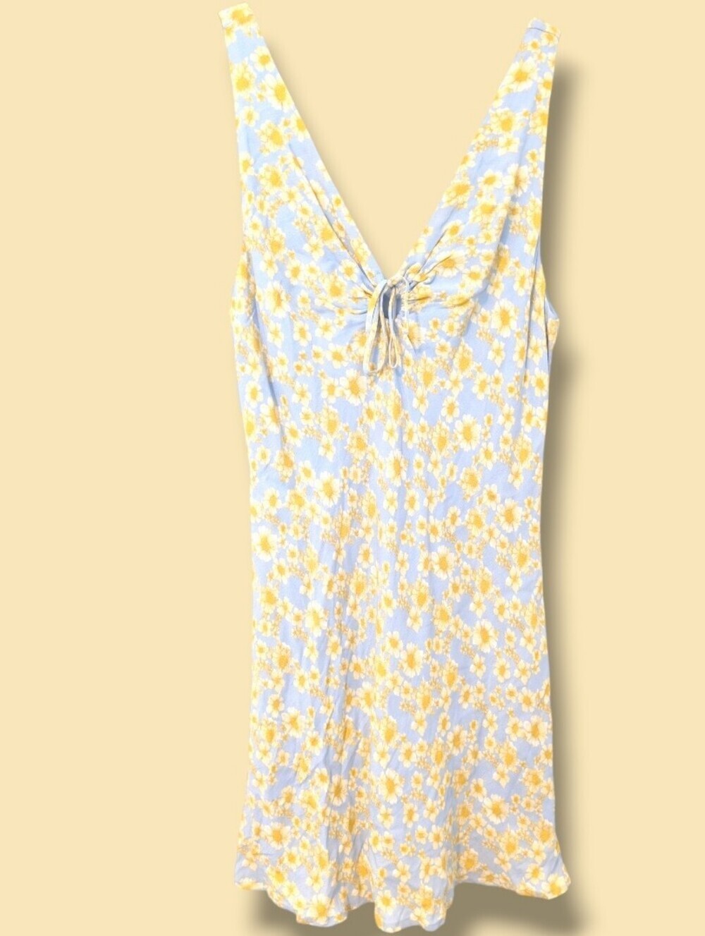 Rue Sophie Blue Yellow Daisy Floral V-Neck Sleeveless Mini Dress LG